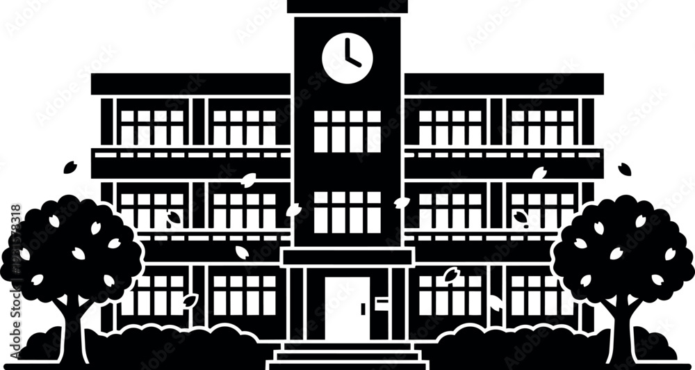 Fototapeta premium Flat design frontal view three story school building with clock tower entrance trees falling leaves minimal black silhouette balconies centered