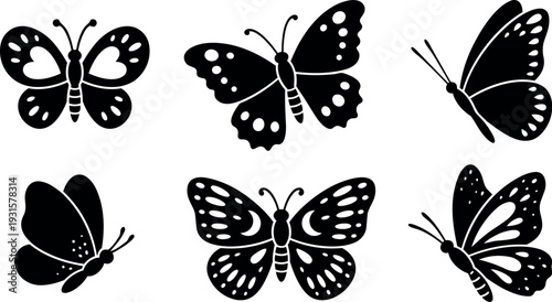 Flat design set of six butterfly silhouette icons side view and top view black vector art for decorative use collection