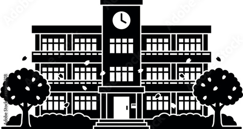 Flat design frontal view three story school building with clock tower entrance trees falling leaves minimal black silhouette balconies centered