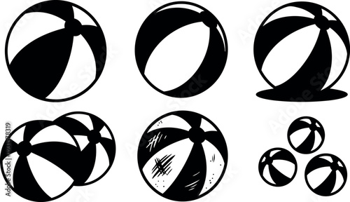 Silhouette vector art of multiple beach balls in various angles grouped close up high contrast black and white illustration set
