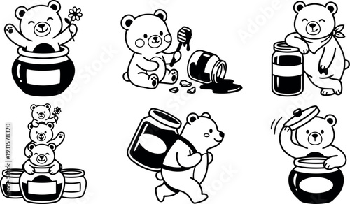 Cute line art bears playing with honey jars stacking carrying dipping and opening lids in playful black and white vector