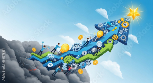 Business arrow pointing upwards with gears and people on it.