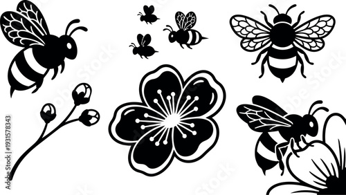 Flat design close up honeybee and blossom icons flying pollinating three small bees branch with buds isolated black vector set