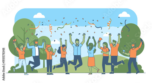 Diverse group of people celebrating outdoors.