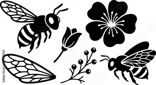 Flat design close up of two bees and floral elements flying above a white background in black silhouette vector composition