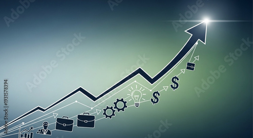Abstract financial growth arrow with business icons symbolizing success and progress.