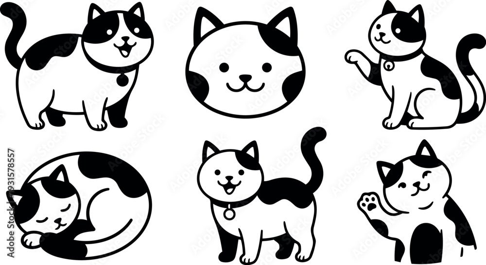Fototapeta premium Flat design close up collection of playful black and white cat icons showing sleeping waving sitting standing and smiling poses