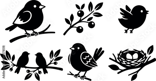 Vector bird silhouettes perched on leafy branches with nest and eggs flat vector icons in minimal black style simple clean