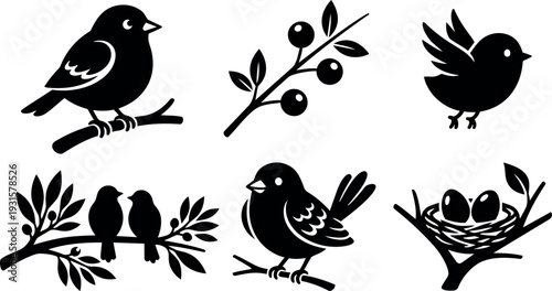 Flat silhouette bird icons set six designs branches nest perched flying pair berry twig simple vector minimal monochrome nature decorative