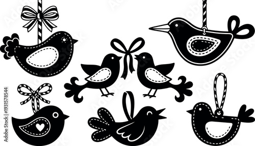 Folk art vector hanging bird ornaments set close up flat silhouette birds with bows and stitched patch details black white