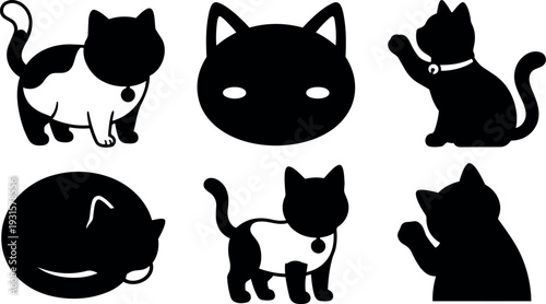 Minimalist silhouette vector cat icon set showing six black cat poses including sitting sleeping walking pawing with collar bell profile