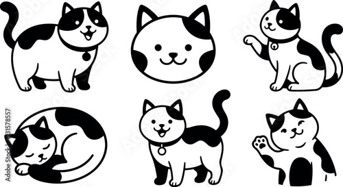 Flat design close up collection of playful black and white cat icons showing sleeping waving sitting standing and smiling poses