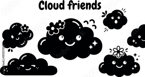 Flat design smiling cloud friends with floral accents and sparkles close up set of kawaii cloud characters looking playful