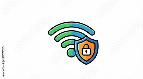 Cartoon wireless wifi signal protected by a security shield