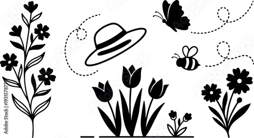 Minimalist botanical vector flat design tulips wildflowers hat bee butterfly garden scene side view mood illustration black silhouette spring playful