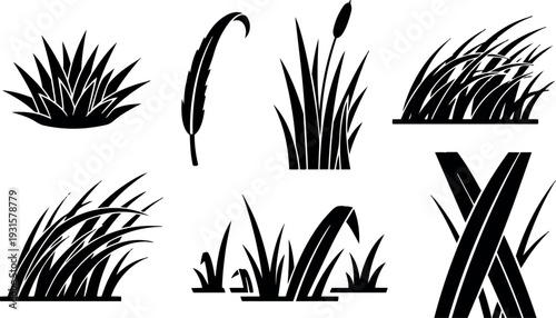 Minimalist vector grass and reed silhouettes close up seven wetland tuft and blade icons in bold black flat design set