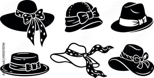 Vector silhouette vintage women hats with bows six styles top view and three quarter angle fashion accessories elegant black white
