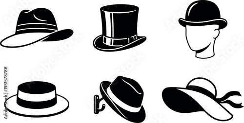 Flat vector icon set of six black hat silhouettes fedora top hat bowler boater sunhat in side and front views
