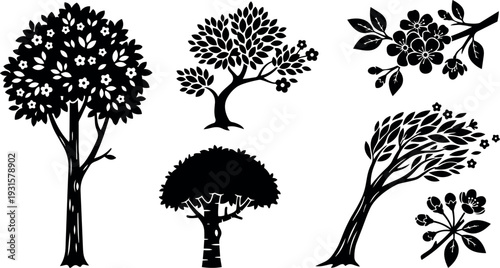 Silhouette vector set of ornamental trees and flowering branches in black flat design close up varied angles isolated decorative composition
