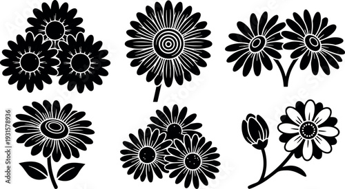 Flat design floral daisy icon set six silhouette flowers close up variations stem bud cluster simple botanical vector art collection