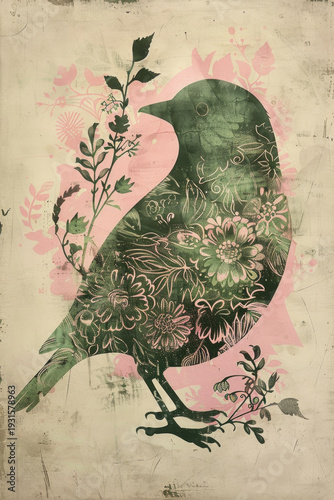 Botanical draw of a bird with floral and leaf patterns, spring Easter background