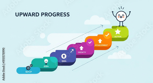 Cartoon character climbing stairs representing upward progress and success.