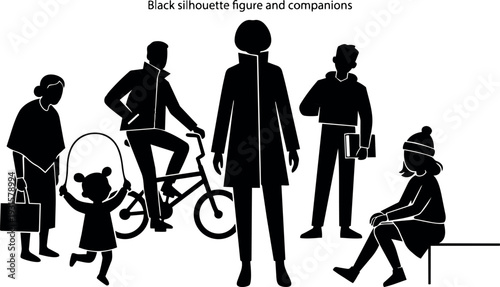 Silhouette vector flat design group of people with central woman standing bicycle rider child skipping rope person sitting on bench