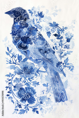 Botanical draw of a bird with floral and leaf patterns, spring Easter background