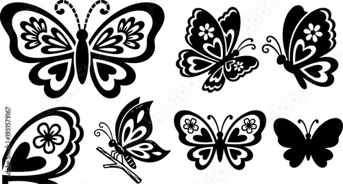 Tattoo flash decorative butterfly set showing floral wing patterns varied silhouettes close up vector icons in black isolated ornamental collection