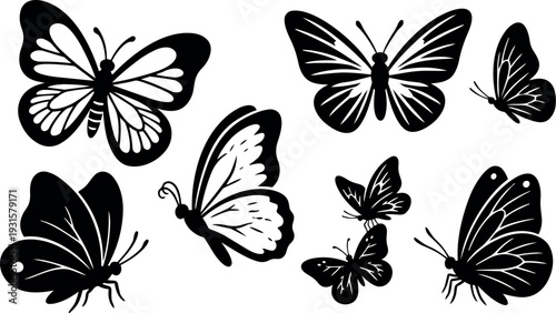Flat design black butterfly silhouettes set aerial view assorted wing shapes isolated on white background minimal vector art decorative collection