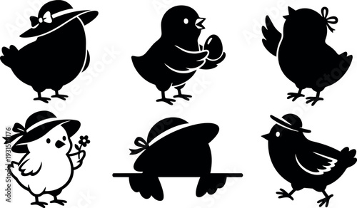 Flat vector silhouette six cute chicks wearing hats holding egg and flower playful poses side view close up easter spring