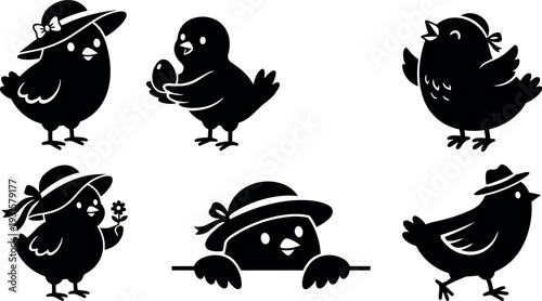 Minimalist silhouette vector set of six cute baby chicks wearing hats holding egg flower peeking and walking playful spring illustration