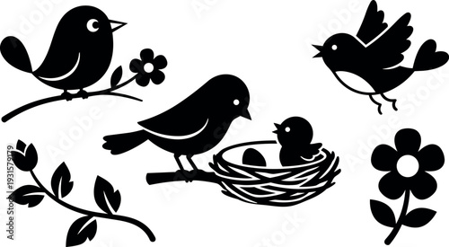 Minimalist vector bird family perched on branch with nesting chick and egg floral accents flat design spring silhouette black monochrome