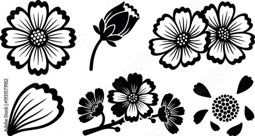 Line art close up set of cherry blossom flowers buds petals and branch elements in black silhouette flat style ornamental
