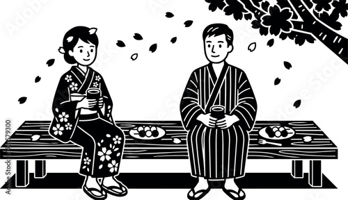 Woodcut style black and white vector bench scene with man and woman in kimono drinking tea under cherry tree blossoms