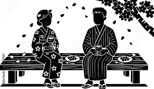 Silhouette vector flat design side view couple in traditional kimono sharing tea and dango on bench under cherry blossoms spring