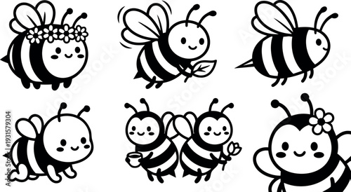 Flat vector kawaii bee characters set showing six cute bees with flowers leaf cup and playful expressions smiling close up