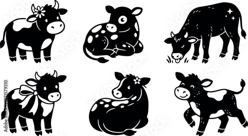 Vector art cute cow icons set with floral accents playful poses black silhouette close up various angles smiling grazing lying