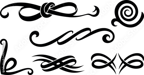 Calligraphic vintage flourish vector swirls and knot decorative divider set in black silhouette close up ornamental accents elegant curled ribbons