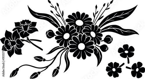 Silhouette floral vector bouquet of daisies leaves and buds sweeping ornamental horizontal layout black flat decorative corner emblem for stationery