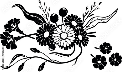 Silhouette floral vector arrangement close up daisy and wildflower bouquet with flowing leaves and buds side view monochrome elegant composition
