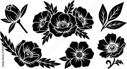 Silhouette floral vector arrangement set close up peony anemone flower elements isolated on white background bold contrast flat ornamental composition