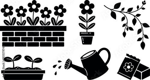 Flat design gardening icon set close up flower box potted plant watering can seed packet sprout branch minimalist black silhouette