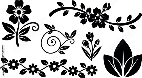 Flat design floral silhouette decorative vine and flower ornaments for borders and labels with bold black contrast vector elements collection