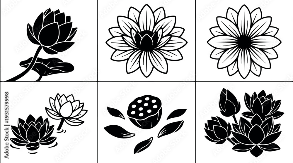 Obraz premium Minimalist black vector lotus flower icon set six panels close up petals seed pod leaves symmetrical line oriental silhouette art