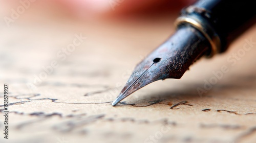 Close-up view of a fountain pen writing on brown paper with ink
