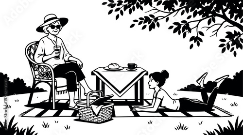 Line art picnic scene grandmother seated holding drink and granddaughter lying on blanket reading under tree relaxed summer afternoon sunny