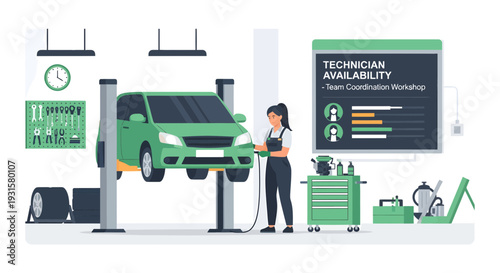 Female mechanic working on a car lift in auto repair shop.