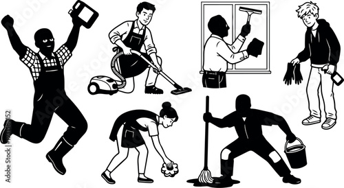 Flat design close up montage of diverse cleaners performing mopping vacuuming window cleaning and janitorial tasks in silhouette bold contrast