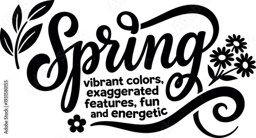 Hand lettering spring word with floral ornaments leaves swirls script close up decorative black vector typography calligraphy bold playful isolated